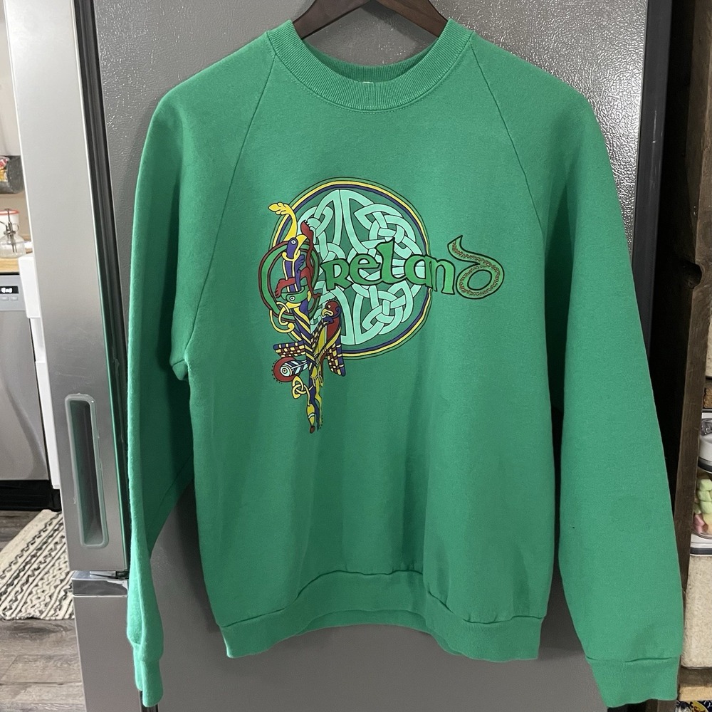 Vintage Screen Stars USA Made Ireland Celtic Embriodered Green Sweatshirt Large